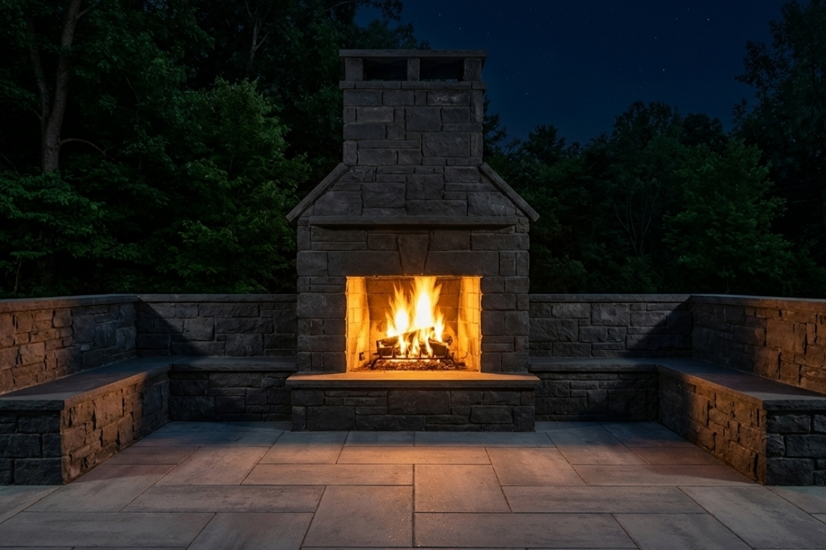 Bee Green Outdoor Living Outdoor Firepits and Fireplaces Stone Outdoor Fireplace with Chimney and Stone Seating Walls on Paver Patio at Residential Property at Night