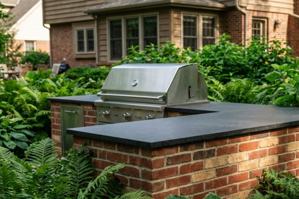 Bee Green Outdoor Living Outdoor Kitchens Brick Outdoor Kitchen with Built In Grill and Stone Countertop in Garden Setting at Residential Home