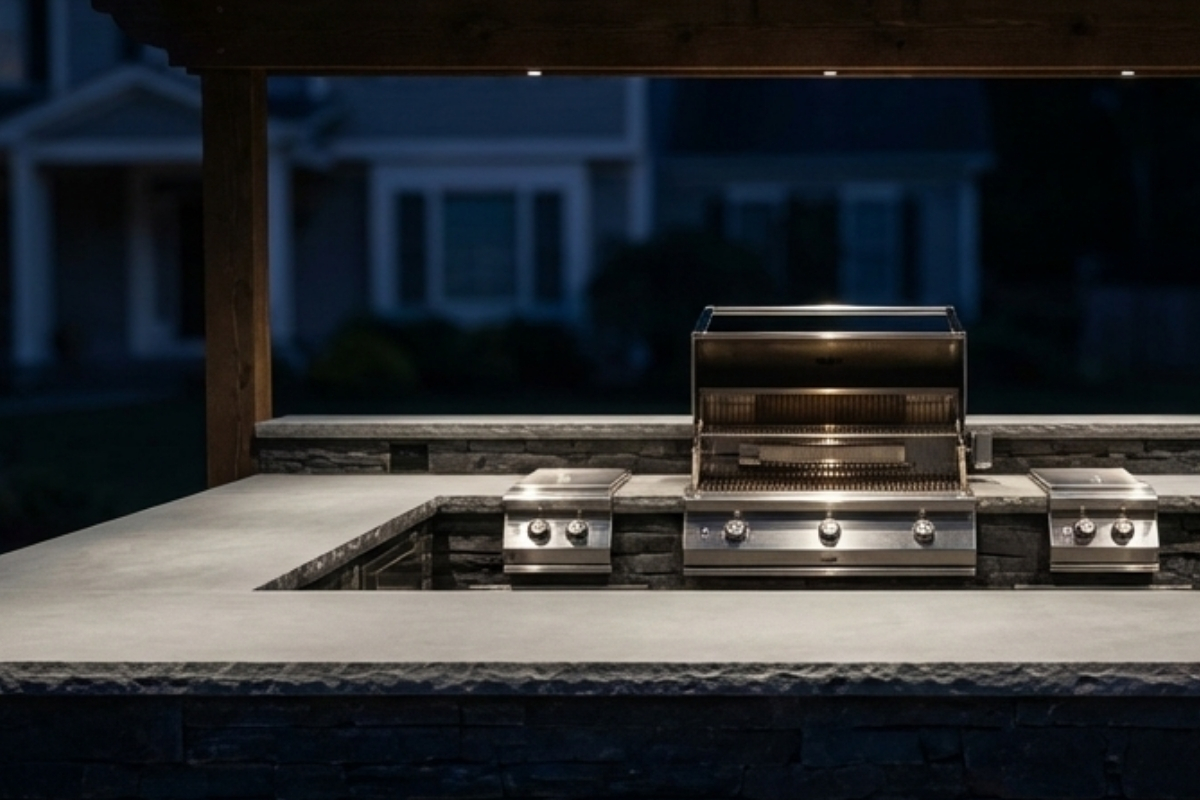 Bee Green Outdoor Living Outdoor Kitchens Built In Grill with Griddle and Side Burners Under Pergola at Residential Home at Night