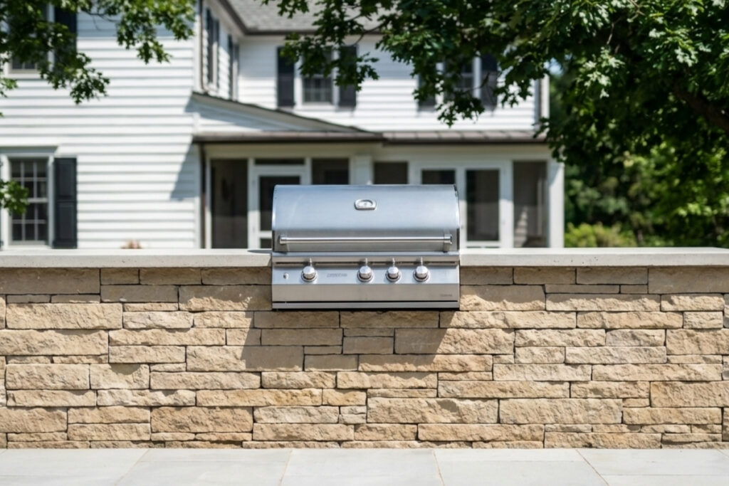 Creative Hardscaping Ideas for Your Landscape 3 Bee Green Outdoor Living Outdoor Kitchens Built In Stainless Steel Grill in Stone Block Outdoor Kitchen at Residential Home
