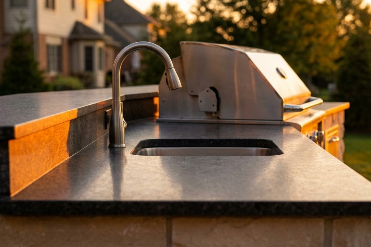 Bee Green Outdoor Living Outdoor Kitchens Close Up of Stainless Steel Sink and Faucet with Stone Countertop on Outdoor Kitchen at Residential Property