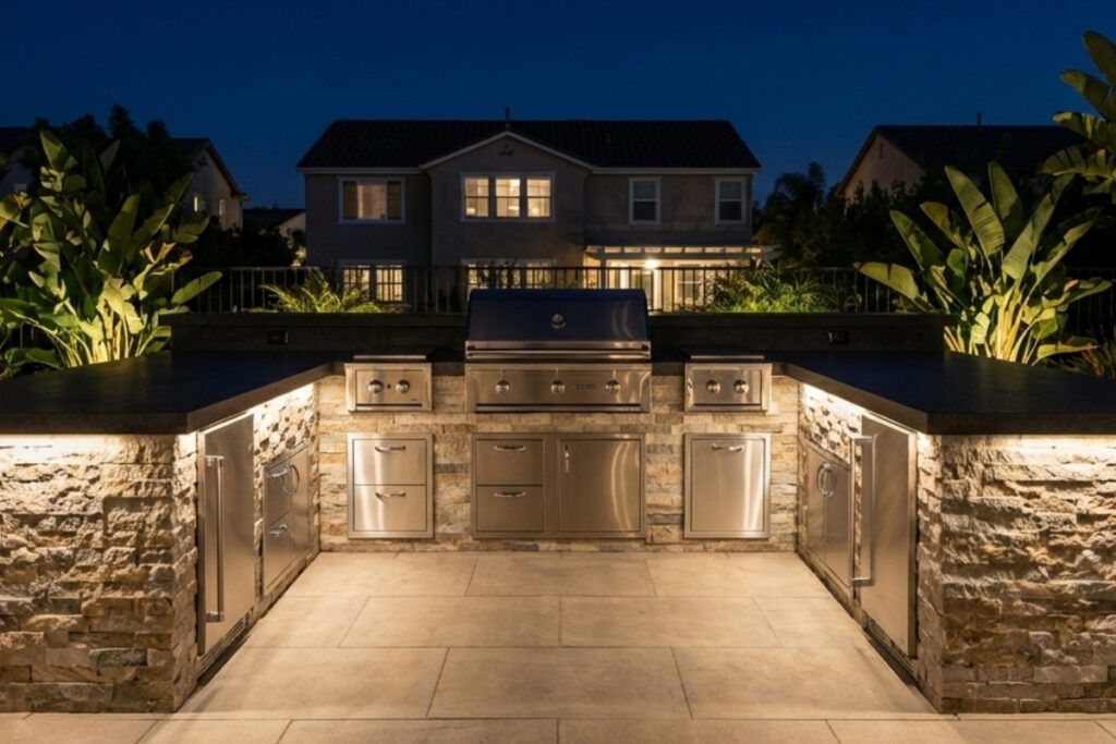 Bee Green Outdoor Living Outdoor Kitchens Full U Shaped Stone Outdoor Kitchen with Under Counter Lighting and Appliances at Residential Home at Night