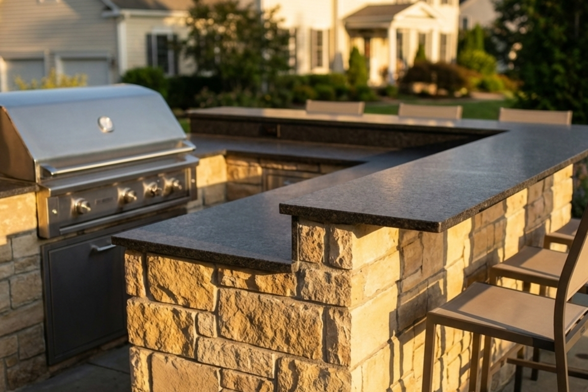 Bee Green Outdoor Living Outdoor Kitchens L Shaped Stone Outdoor Kitchen with Granite Countertop and Bar Seating at Residential Home