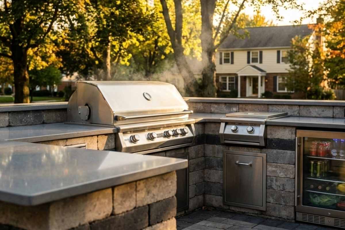 Bee Green Outdoor Living Outdoor Kitchens L Shaped Stone Outdoor Kitchen with Grill Side Burner and Beverage Refrigerator at Residential Home