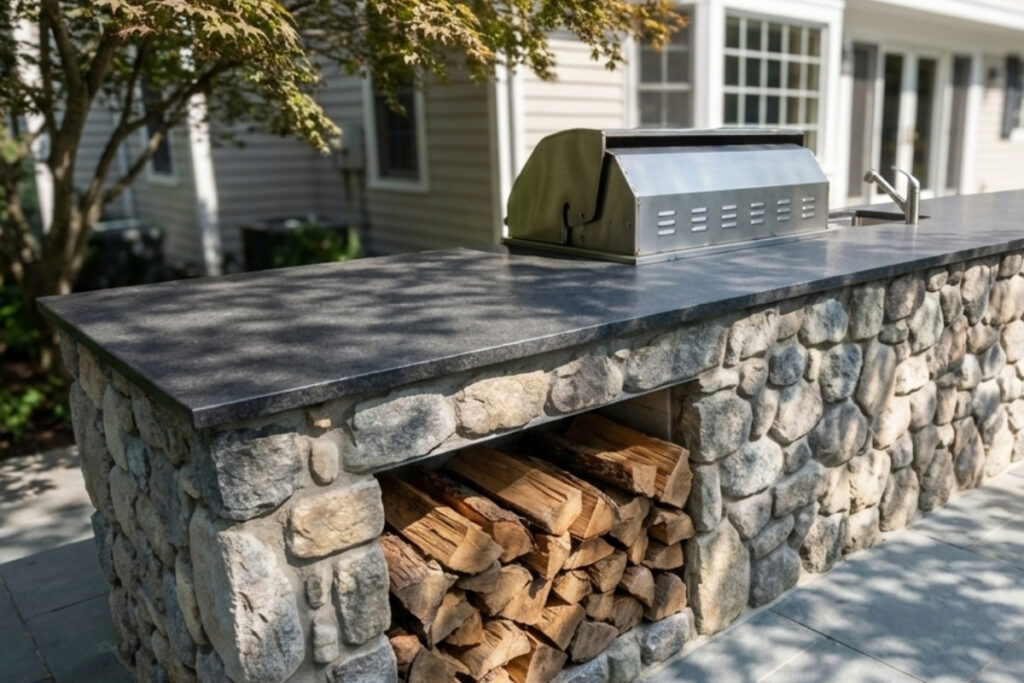 Bee Green Outdoor Living Outdoor Kitchens Natural Fieldstone Outdoor Kitchen with Built In Grill and Firewood Storage at Residential Home