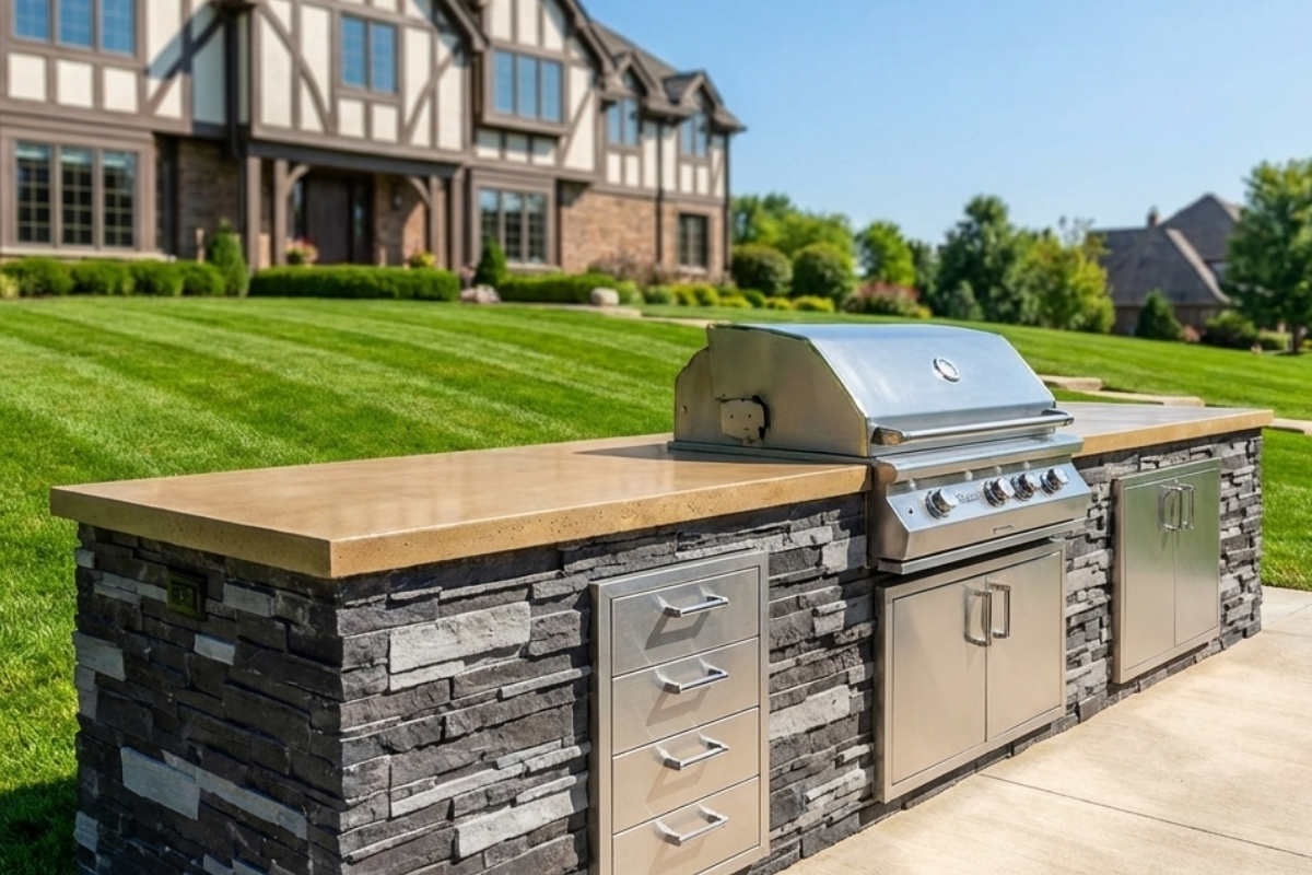 Bee Green Outdoor Living Outdoor Kitchens Stacked Stone Outdoor Kitchen with Built In Grill and Stainless Steel Drawers at Residential Estate