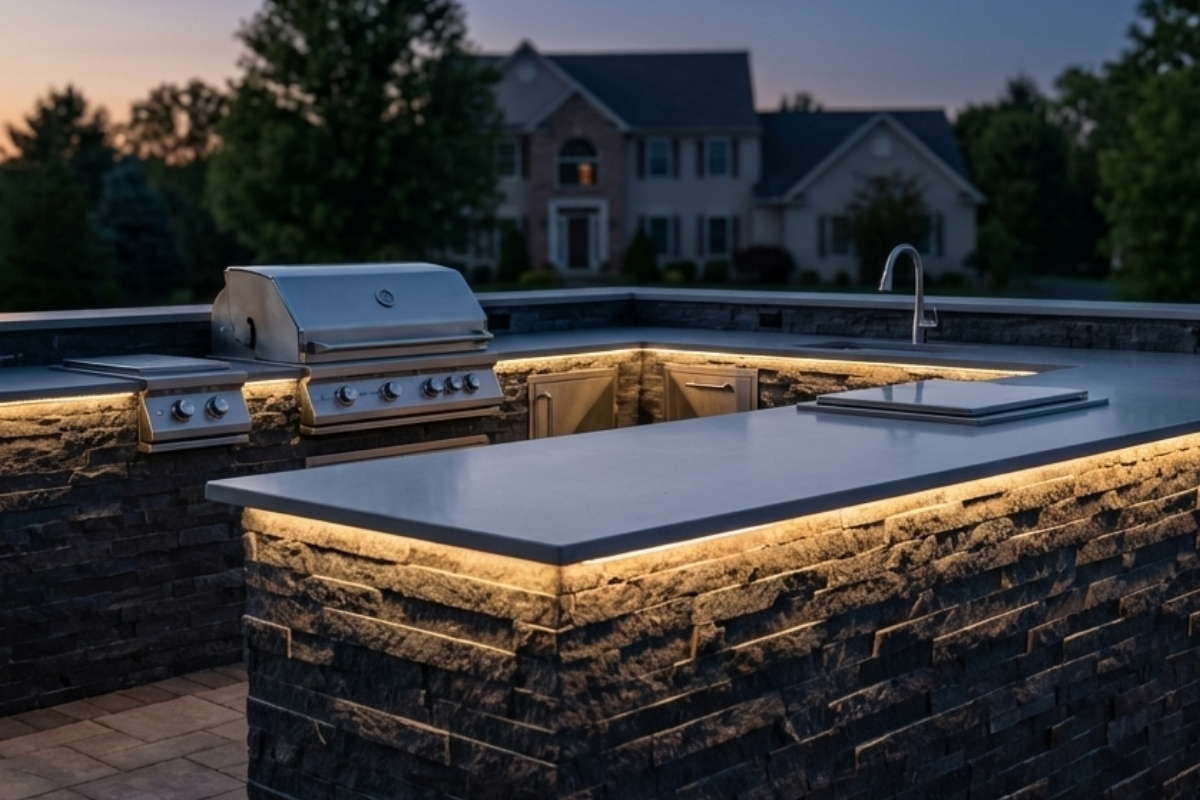 Bee Green Outdoor Living Outdoor Kitchens Stacked Stone Outdoor Kitchen with LED Under Counter Lighting and Built In Grill at Residential Home at Dusk