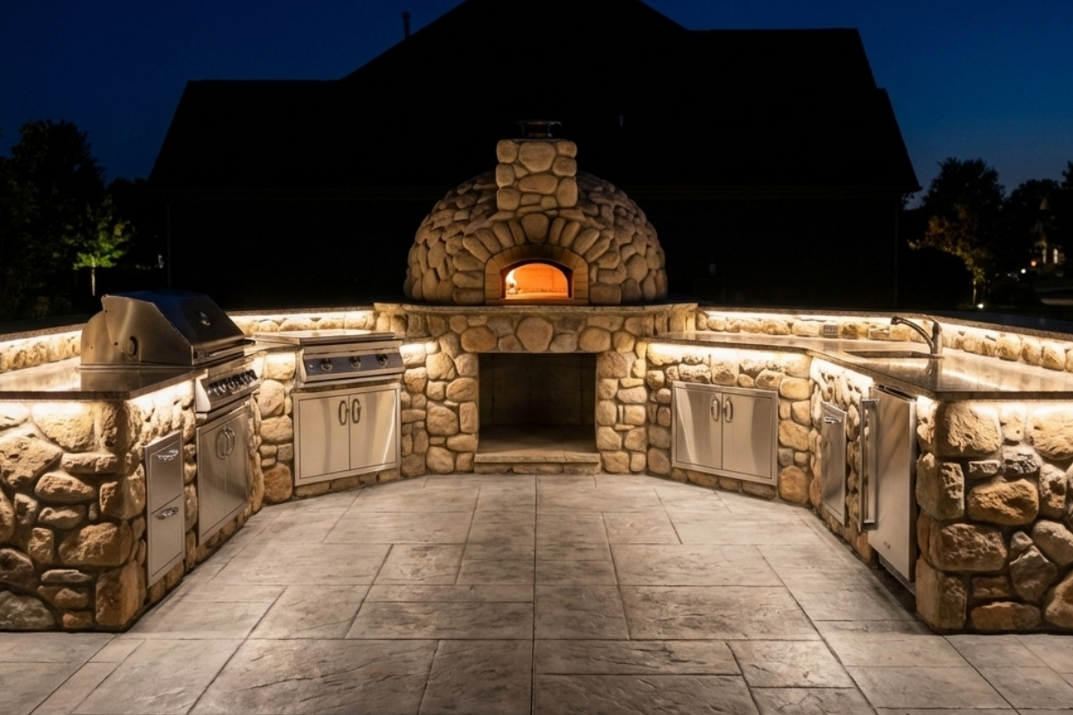 Bee Green Outdoor Living Outdoor Kitchens Stone Outdoor Kitchen with Wood Fired Pizza Oven and Built In Grill at Residential Property at Night