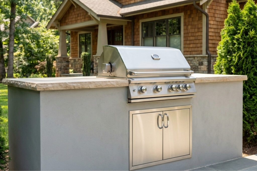 Bee Green Outdoor Living Outdoor Kitchens Stucco Outdoor Kitchen with Built In Grill and Storage Doors at Residential Home