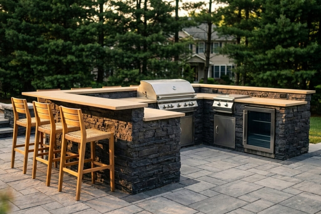 Bee Green Outdoor Living Outdoor Kitchens U Shaped Stacked Stone Outdoor Kitchen with Grill and Bar Seating on Paver Patio at Residential Home
