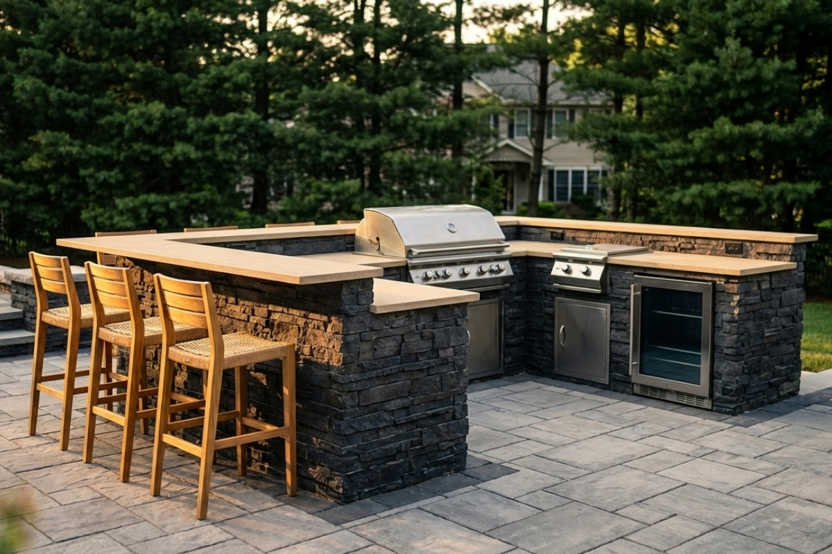 Bee Green Outdoor Living Outdoor Kitchens U Shaped Stacked Stone Outdoor Kitchen with Grill and Bar Seating on Paver Patio at Residential Home