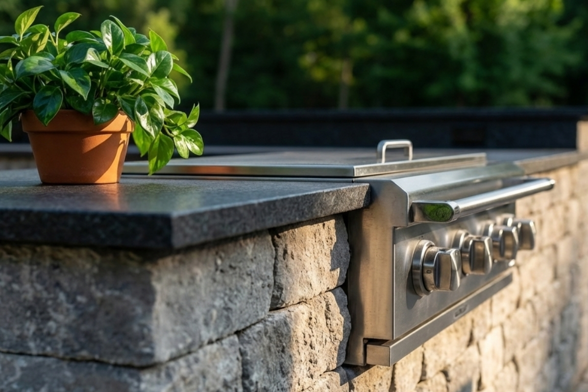 Bee Green Outdoor Living Outdoor Living Features Close Up of Outdoor Kitchen Grill with Stone Base and Granite Countertop