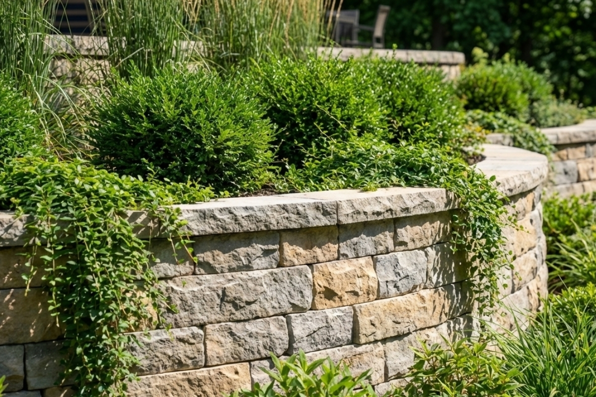 Bee Green Outdoor Living - Outdoor Living Features - Curved Stone Raised Planter Bed with Lush Plantings at Residential Property