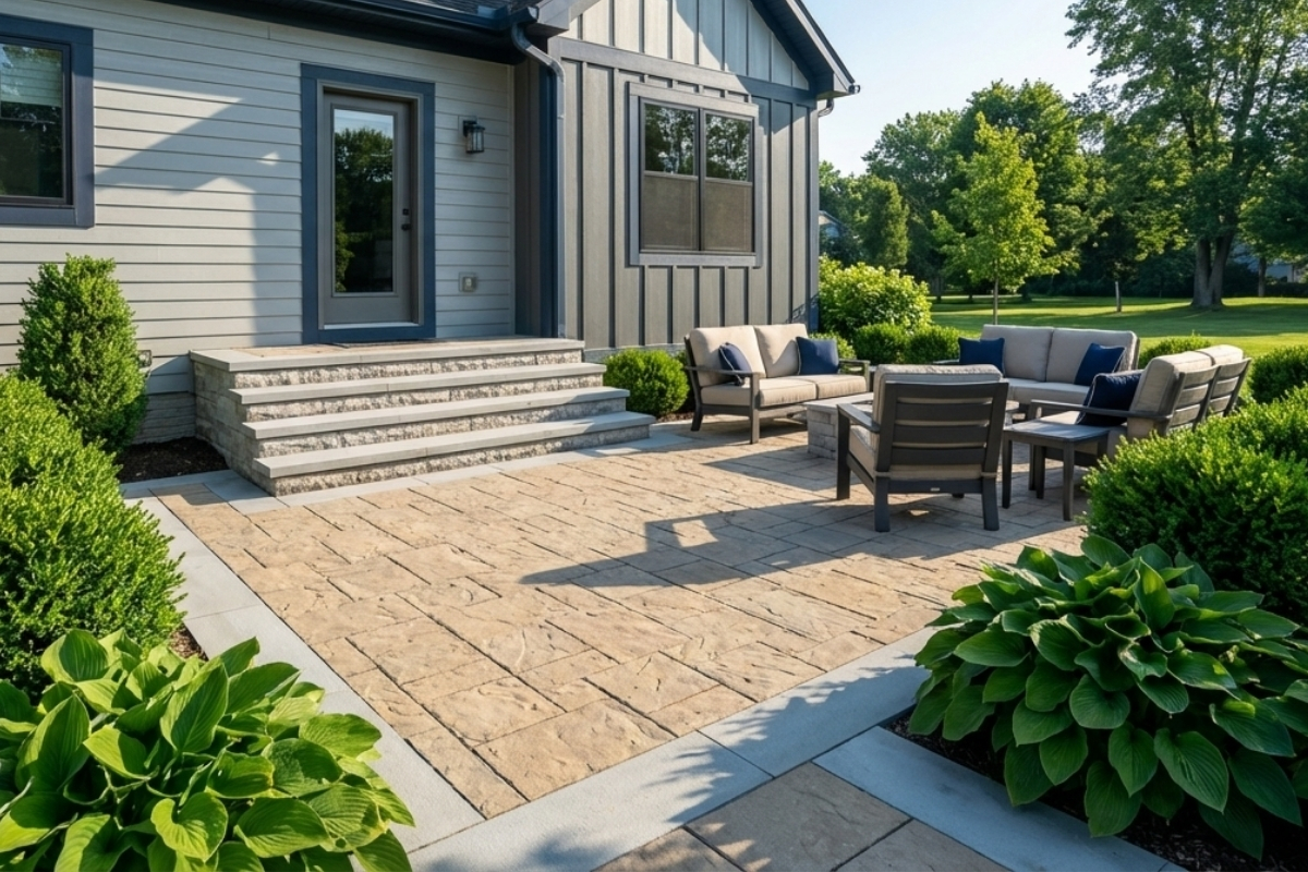 Outdoor Living & Hardscaping in Solon, Ohio 1 Bee Green Outdoor Living Outdoor Living Features Custom Paver Patio with Outdoor Seating at Residential Home