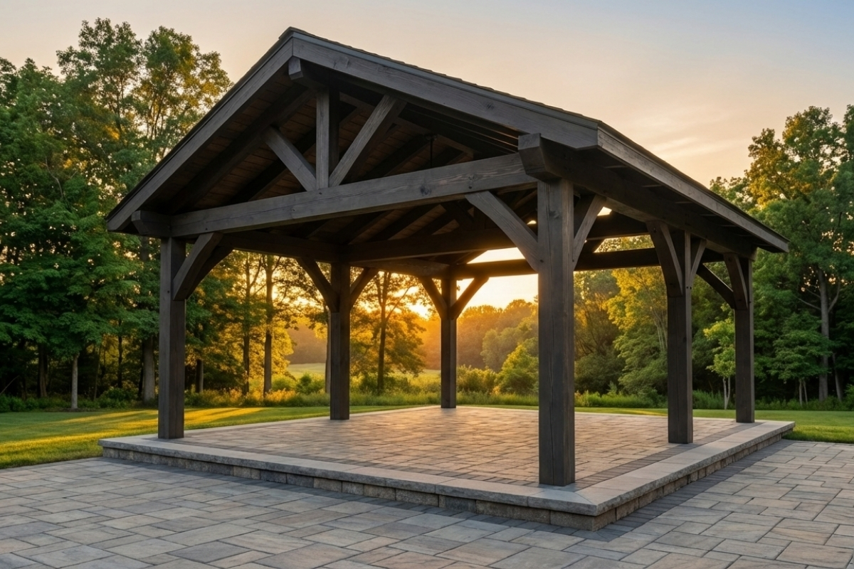Bee Green Outdoor Living Outdoor Living Features Freestanding Wood Pavilion on Paver Patio at Sunset at Residential Property