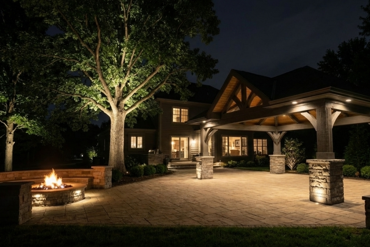 Bee Green Outdoor Living Outdoor Living Features Full Backyard with Fire Pit and Pavilion at Night at Residential Home