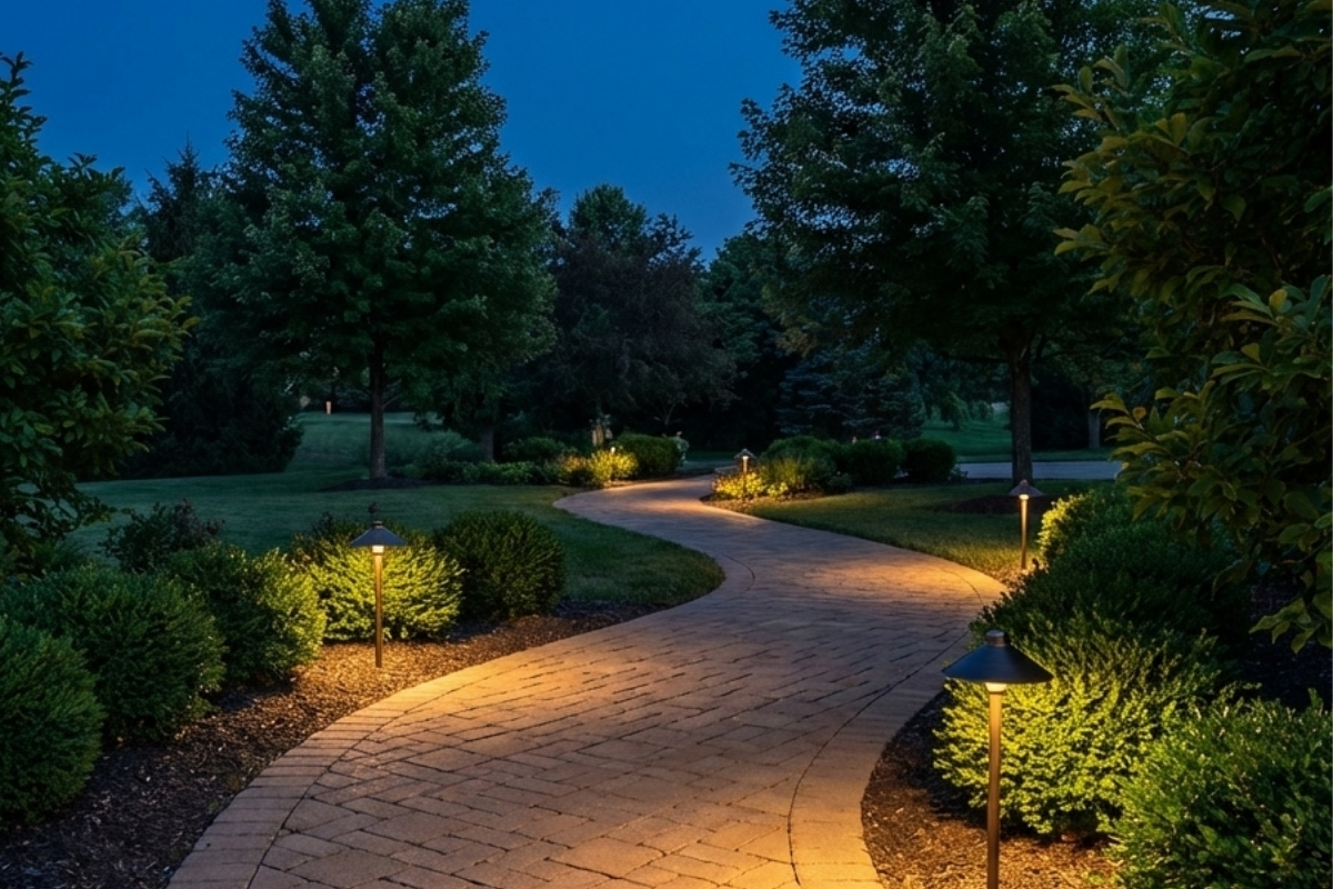 Bee Green Outdoor Living Outdoor Living Features Illuminated Paver Walkway Through Landscape at Night at Residential Property