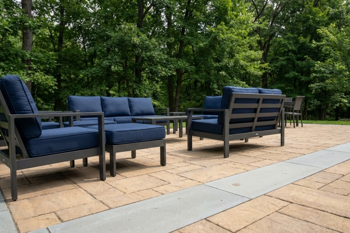 Bee Green Outdoor Living Outdoor Living Features Modern Outdoor Seating Set on Paver Patio at Residential Property