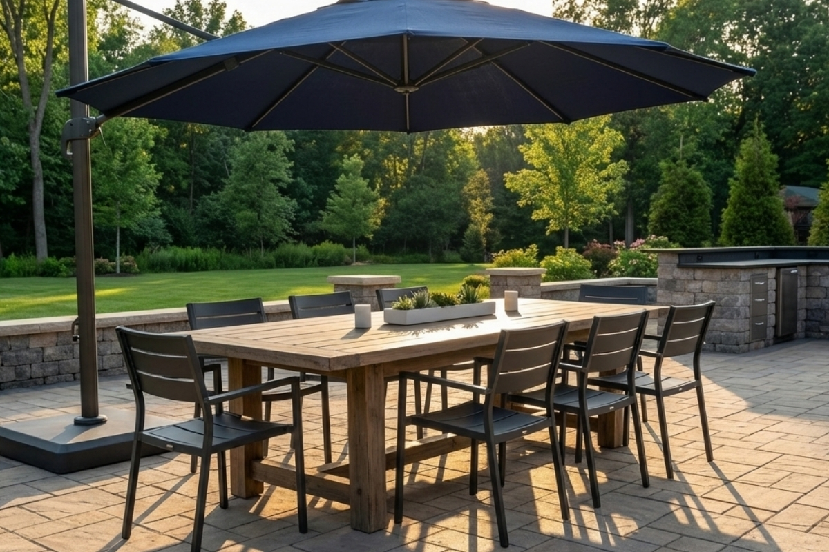 Bee Green Outdoor Living Outdoor Living Features Outdoor Dining Set with Cantilever Umbrella on Paver Patio at Residential Home