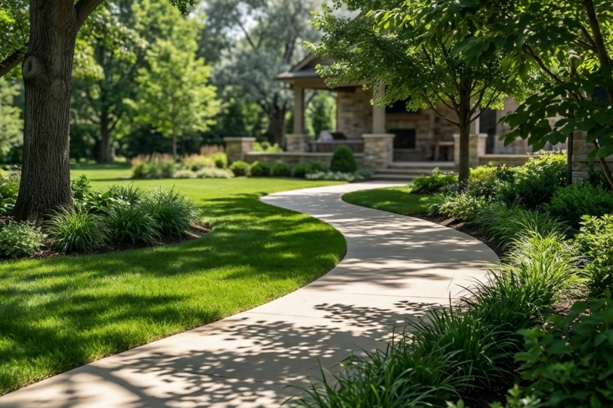 Bee Green Outdoor Living Outdoor Living Features Winding Concrete Walkway Leading to Pavilion at Residential Estate