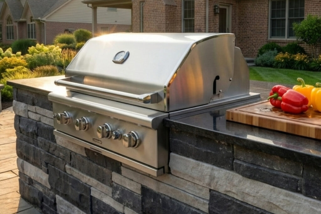 Bee Green Outdoor Living Outdoor Spaces and Landscapes Built In Grill in Stacked Stone Outdoor Kitchen with Prep Space at Residential Home