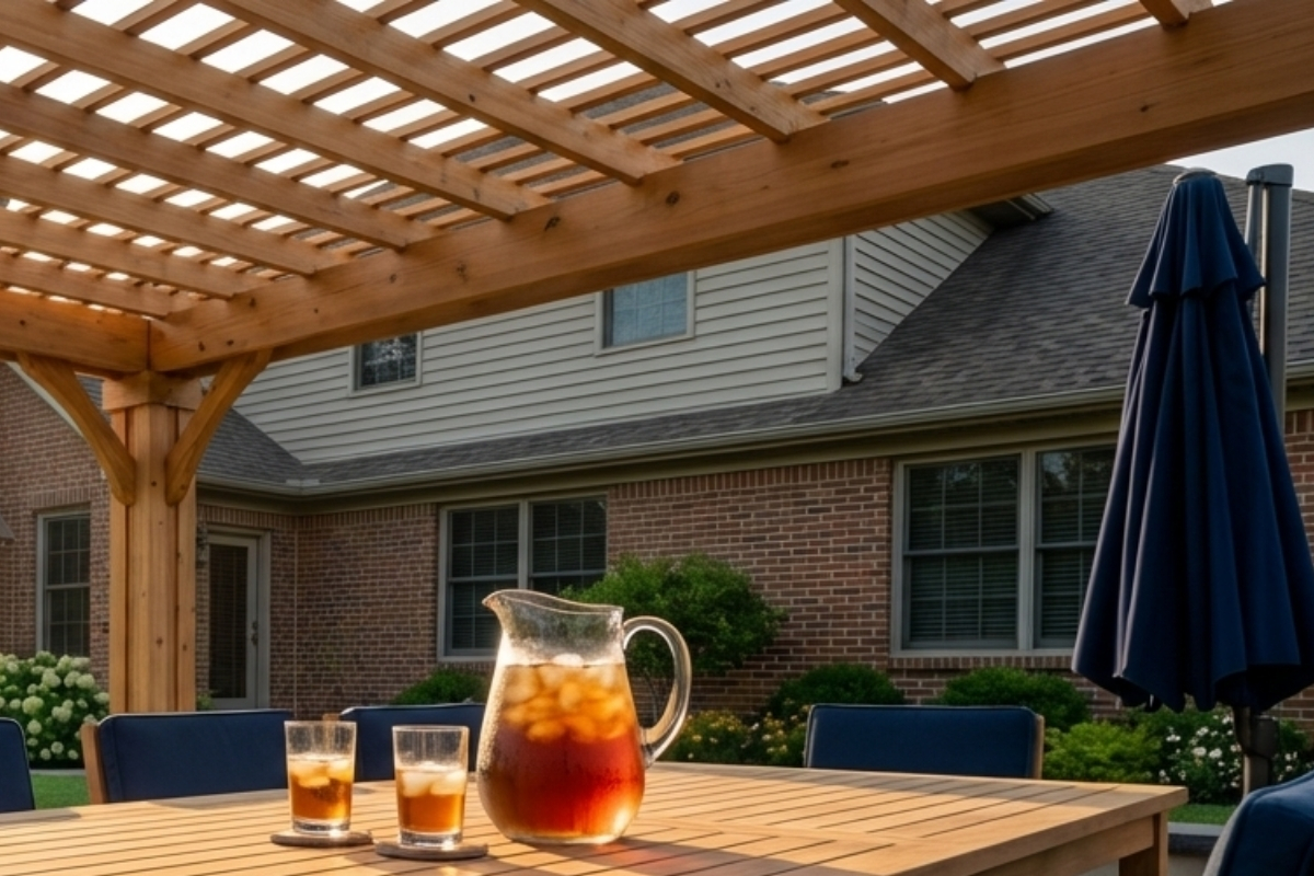 Bee Green Outdoor Living Outdoor Spaces and Landscapes Cedar Pergola with Outdoor Dining Table at Residential Home at Golden Hour
