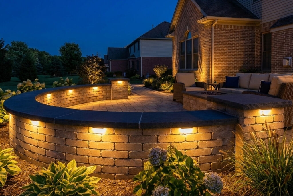 Bee Green Outdoor Living Outdoor Spaces and Landscapes Curved Stone Seating Wall with Built In Lighting on Paver Patio at Residential Home at Night