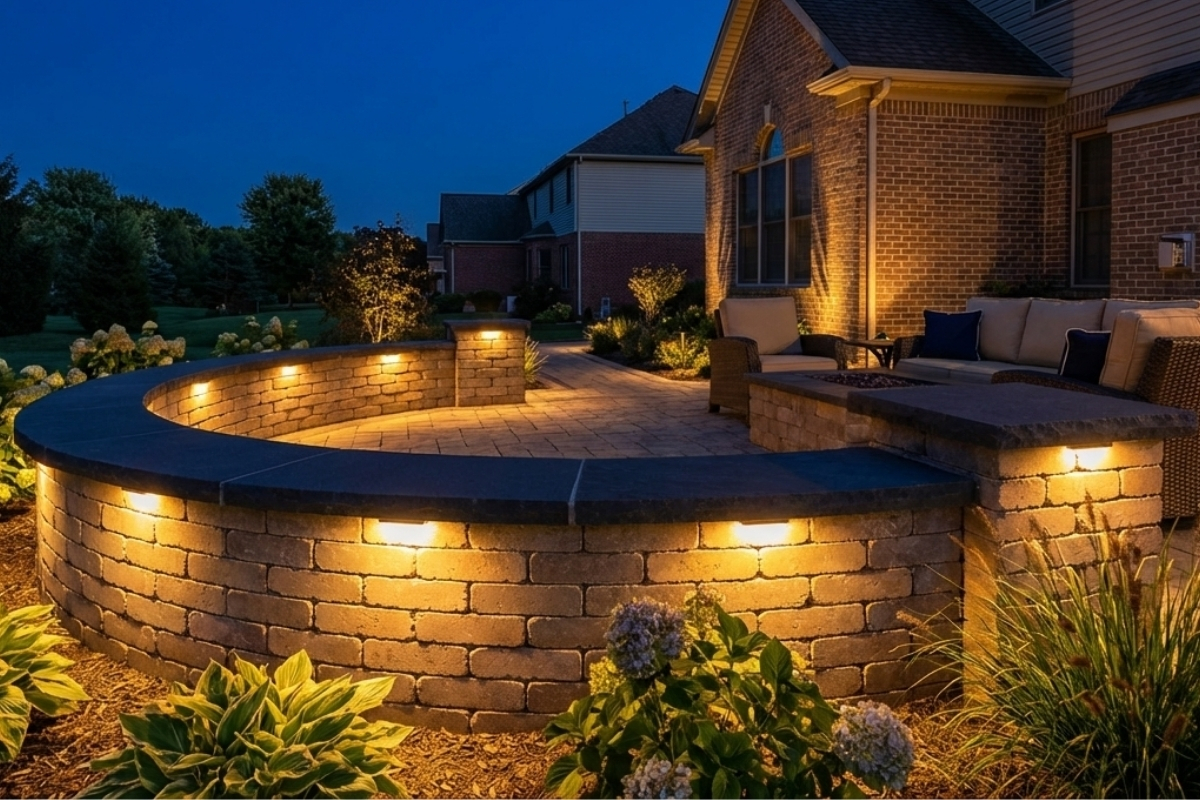 Bee Green Outdoor Living Outdoor Spaces and Landscapes Curved Stone Seating Wall with Built In Lighting on Paver Patio at Residential Home at Night