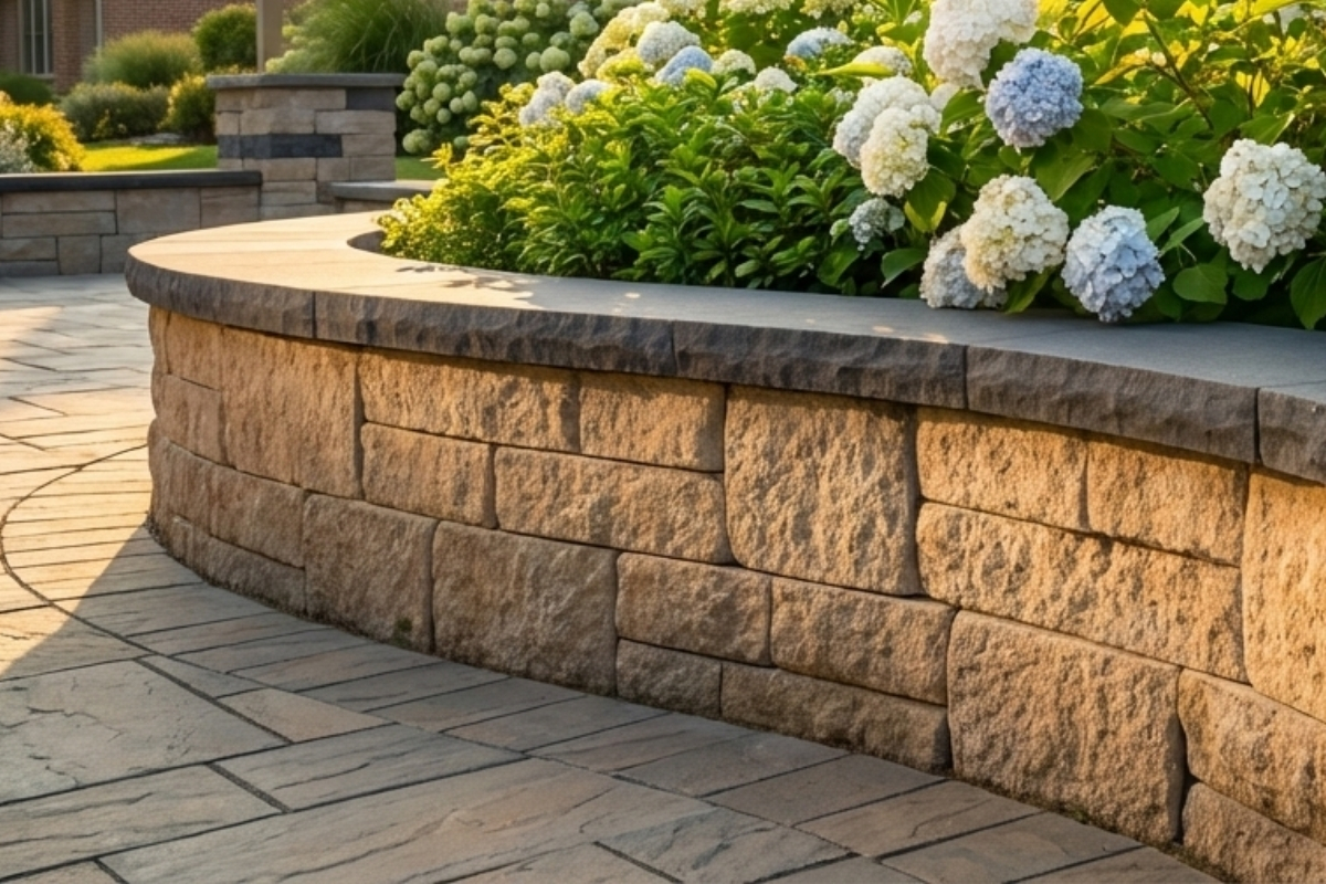 Bee Green Outdoor Living Outdoor Spaces and Landscapes Curved Stone Seating Wall with Hydrangea Plantings on Paver Patio at Residential Property