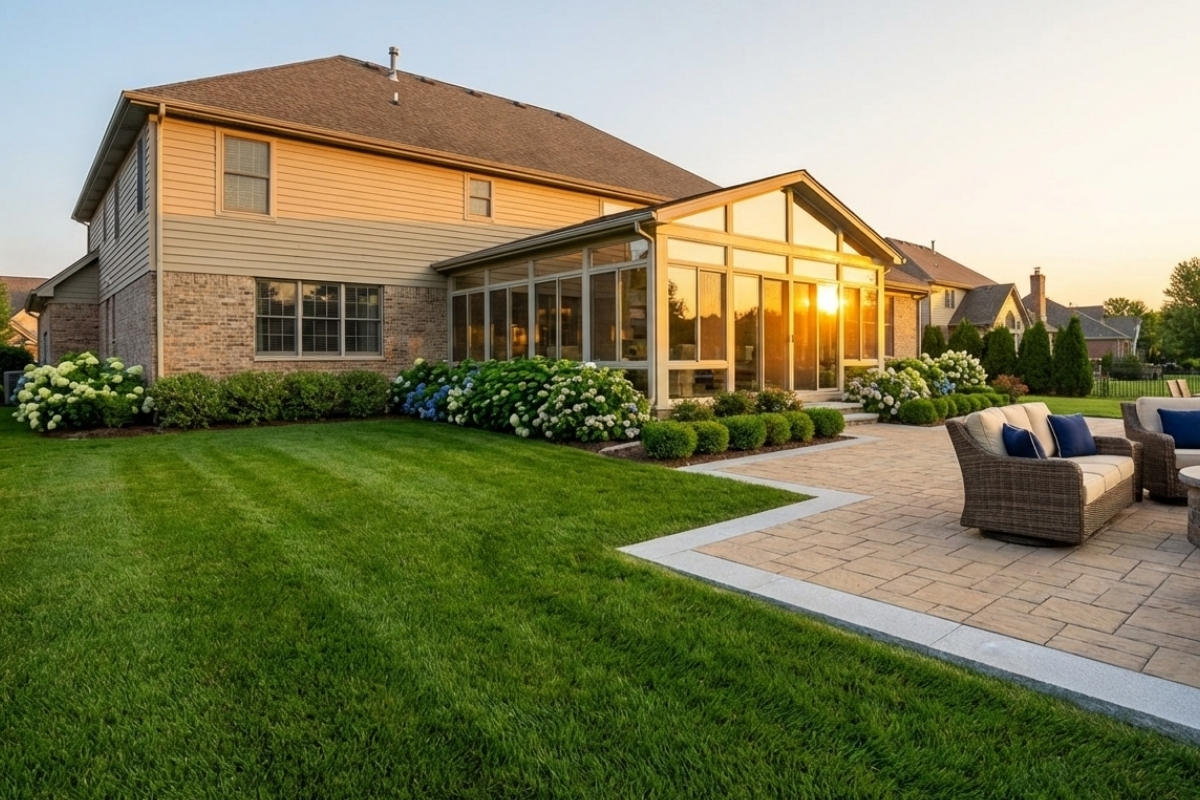 Bee Green Outdoor Living Outdoor Spaces and Landscapes Full Backyard with Manicured Garden Beds Paver Patio and Sunroom at Residential Home at Sunset