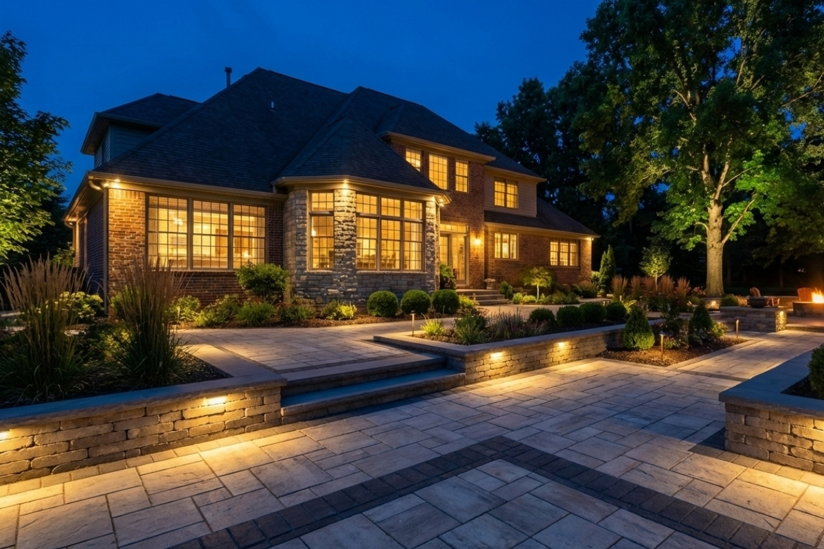 Bee Green Outdoor Living Outdoor Spaces and Landscapes Full Residential Estate with Multi Level Paver Patio Illuminated Seating Walls and Landscaping at Night
