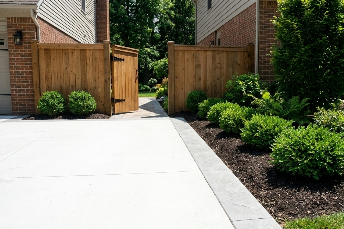 Bee Green Outdoor Living Outdoor Spaces and Landscapes Manicured Foundation Planting with Wood Privacy Fence and Gate at Residential Home