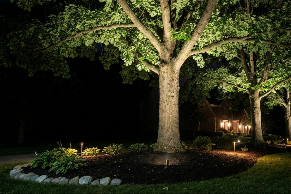 Bee Green Outdoor Living Outdoor Spaces and Landscapes Mature Trees with Uplighting and Pathway Lights in Nighttime Residential Landscape