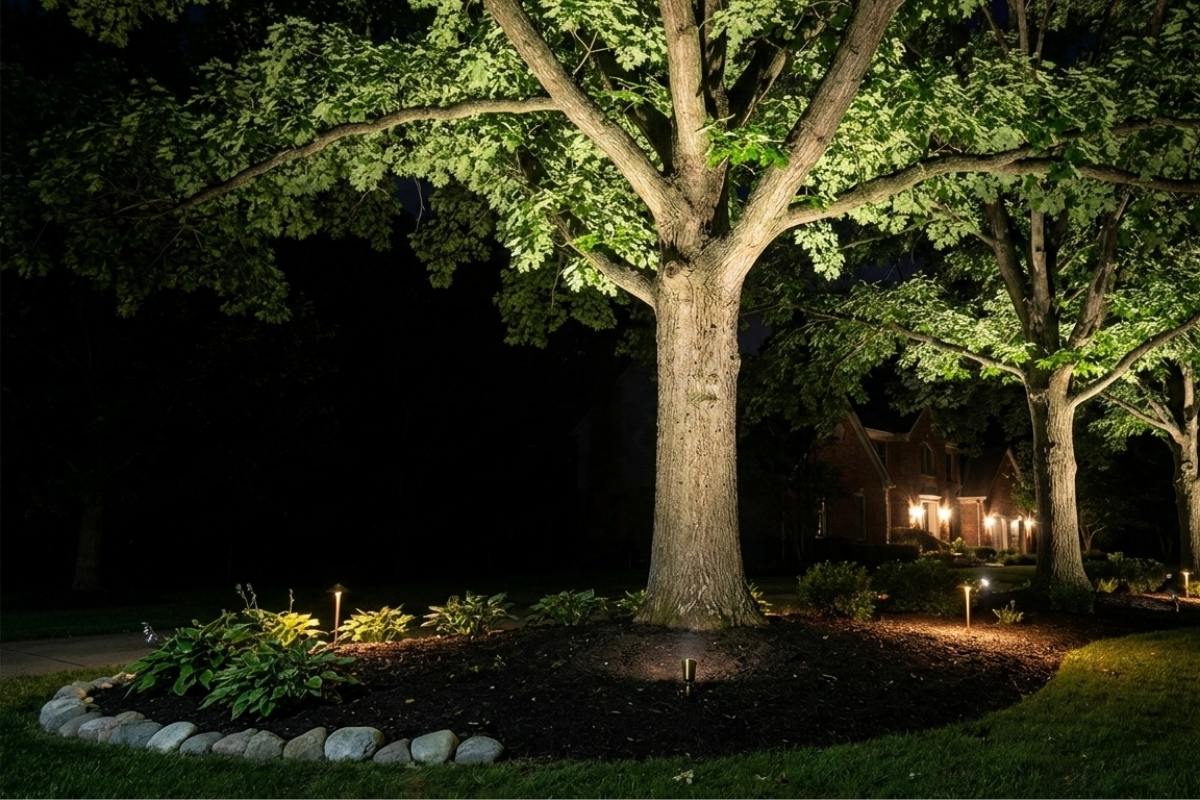 Bee Green Outdoor Living Outdoor Spaces and Landscapes Mature Trees with Uplighting and Pathway Lights in Nighttime Residential Landscape
