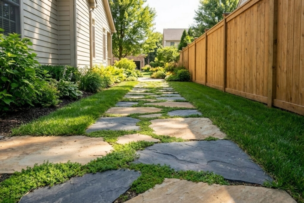 Bee Green Outdoor Living Outdoor Spaces and Landscapes Natural Flagstone Stepping Stone Path with Perennial Garden Beds at Residential Home