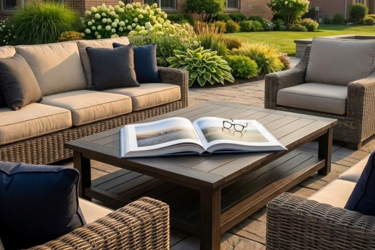 Bee Green Outdoor Living - Outdoor Spaces and Landscapes - Outdoor Sectional Seating with Coffee Table on Flagstone Patio at Residential Home