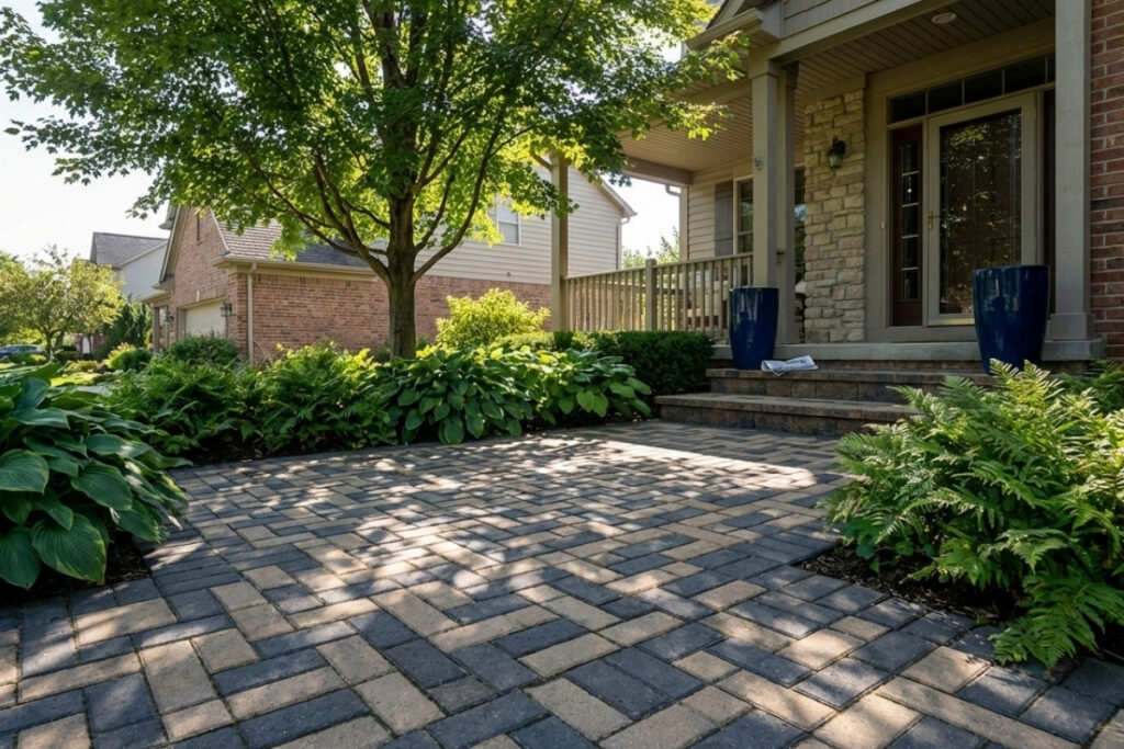 Bee Green Outdoor Living Outdoor Spaces and Landscapes Paver Entry Court with Mature Trees and Perennial Garden Beds at Residential Home