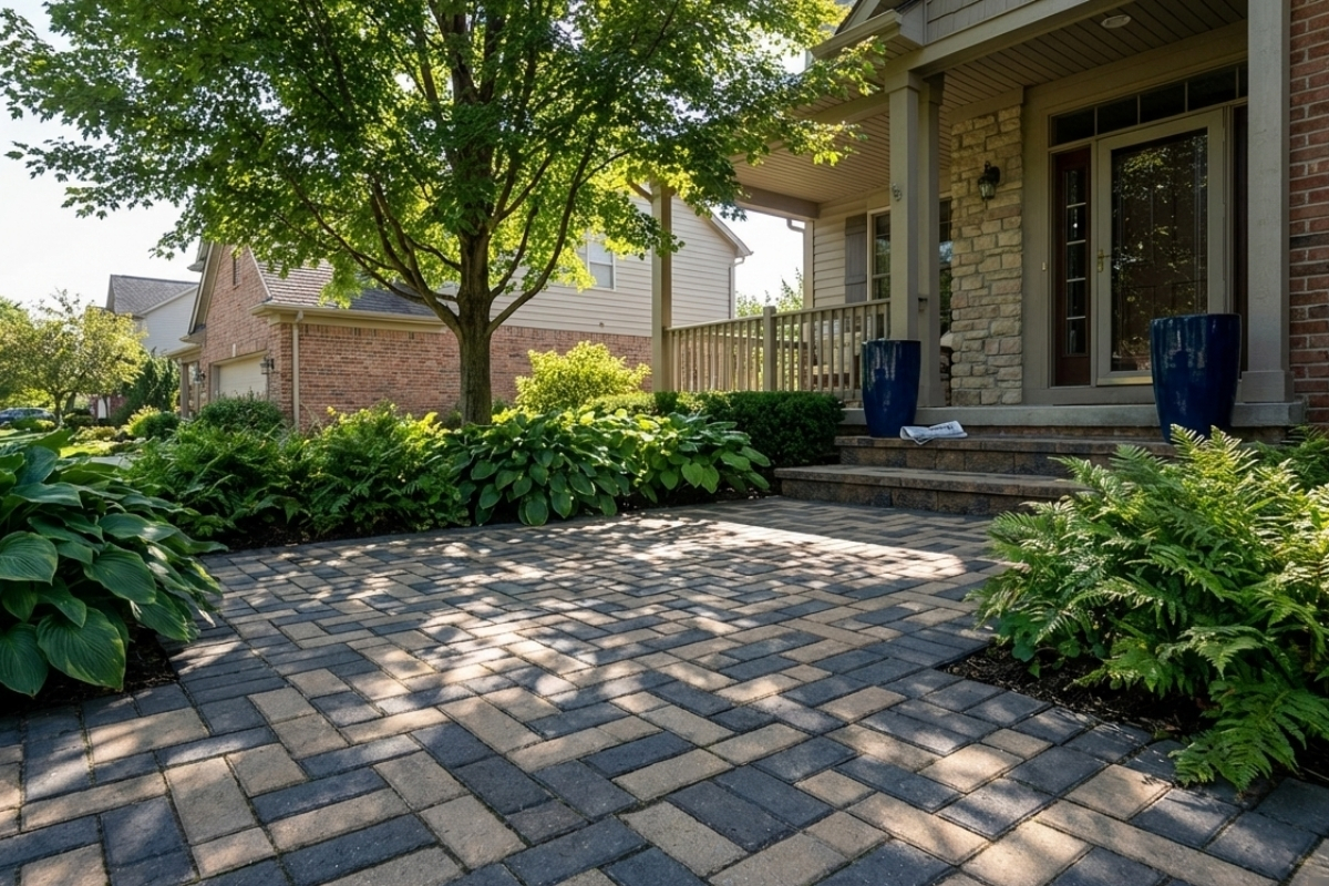 Bee Green Outdoor Living Outdoor Spaces and Landscapes Paver Entry Court with Mature Trees and Perennial Garden Beds at Residential Home