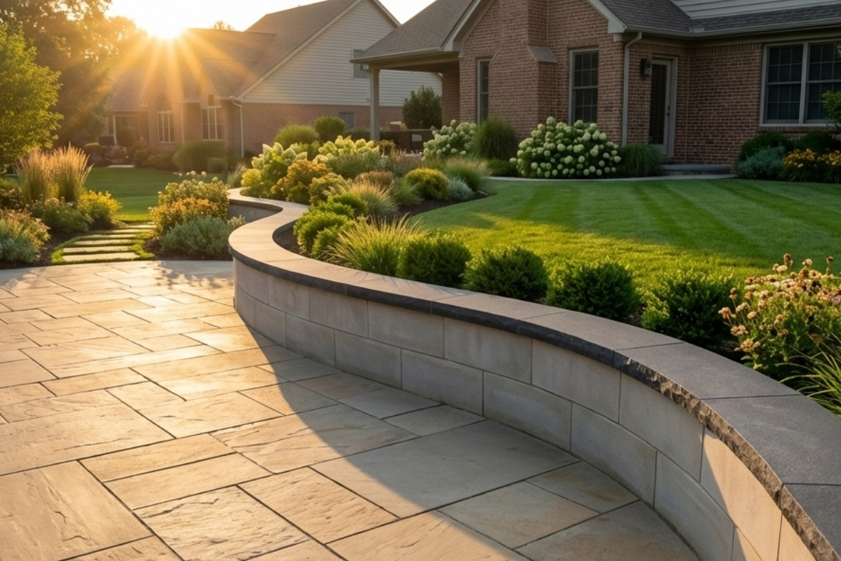 Bee Green Outdoor Living Outdoor Spaces and Landscapes Paver Patio with Curved Stone Seating Wall and Perennial Garden Bed at Residential Home at Sunset