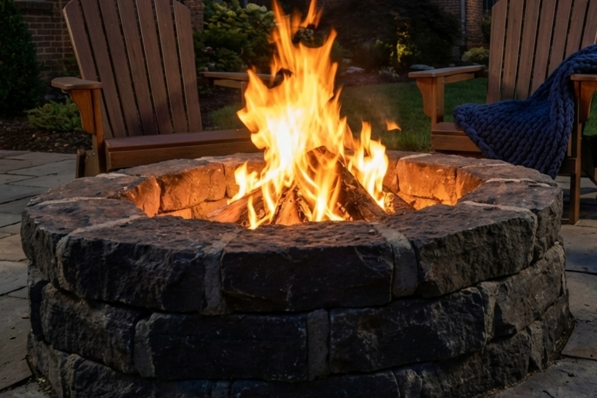 Bee Green Outdoor Living Outdoor Spaces and Landscapes Rustic Fieldstone Fire Pit with Adirondack Seating on Paver Patio at Residential Home