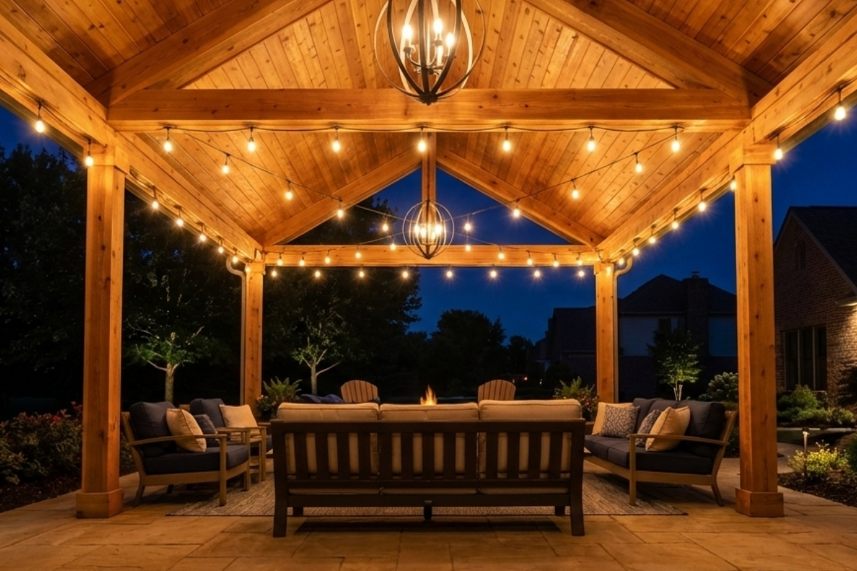 Bee Green Outdoor Living Outdoor Spaces and Landscapes Timber Frame Pavilion with Chandelier String Lights and Outdoor Seating at Residential Home at Night