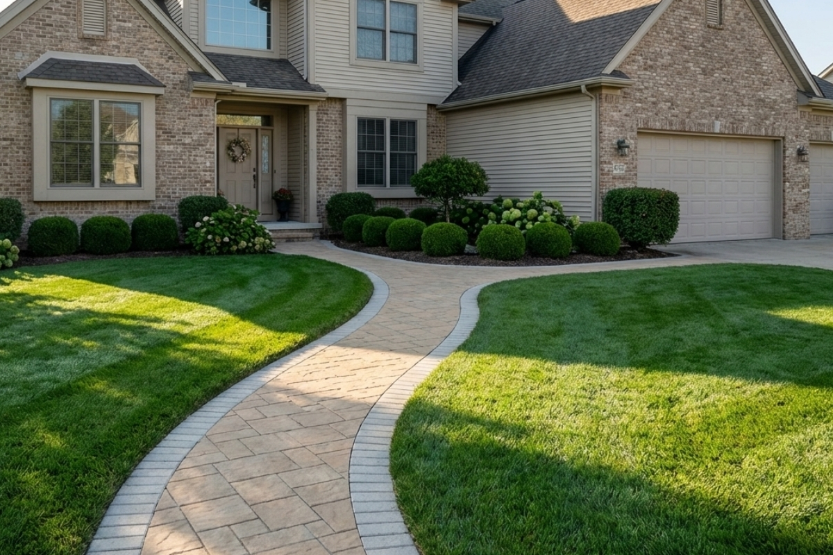 Bee Green Outdoor Living Outdoor Spaces and Landscapes Winding Paver Walkway with Manicured Lawn and Shrub Plantings at Residential Home