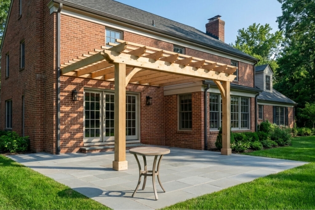 Bee Green Outdoor Living Pergolas and Pavilions Cedar Attached Pergola on Brick Colonial Residential Home with Flagstone Patio