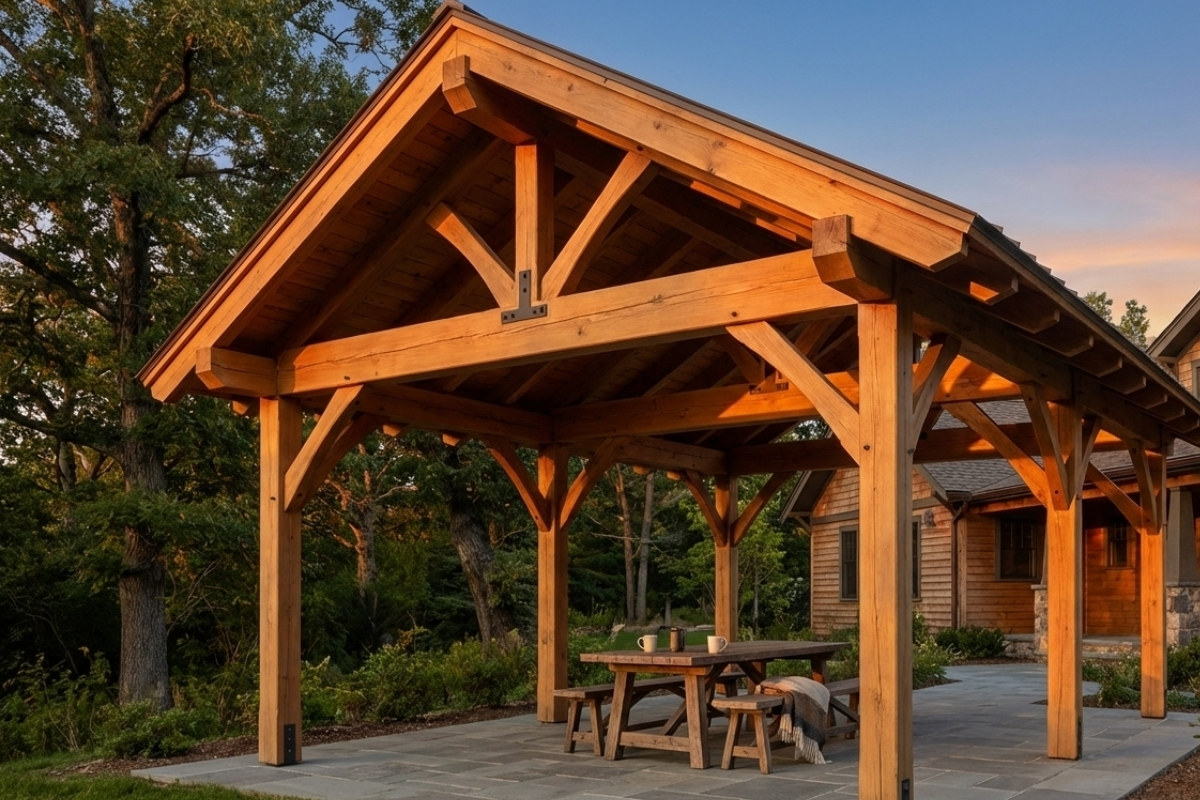 Bee Green Outdoor Living Pergolas and Pavilions Cedar Timber Frame Pavilion with Gabled Roof on Flagstone Patio at Dusk