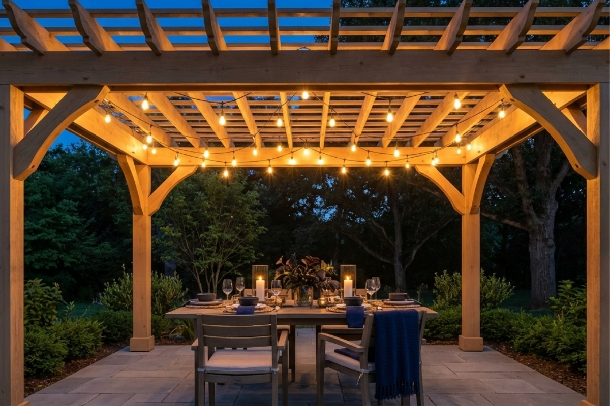 Bee Green Outdoor Living Pergolas and Pavilions Cedar Timber Frame Pergola with String Lights and Outdoor Dining Setup at Night