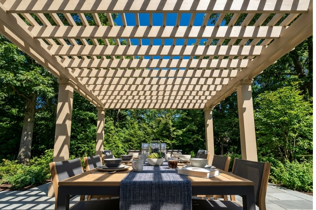 Bee Green Outdoor Living Pergolas and Pavilions Classic Wood Pergola with Open Lattice Overhead and Outdoor Dining Area