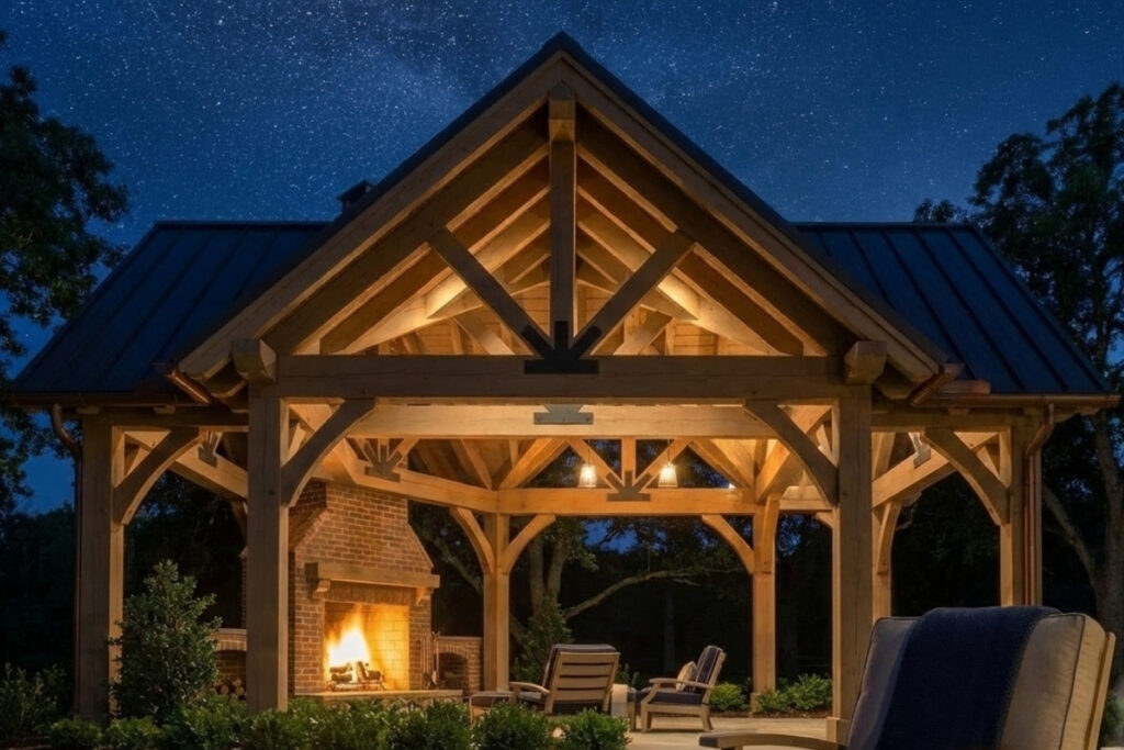 Bee Green Outdoor Living Pergolas and Pavilions Grand Timber Frame Pavilion with Metal Gabled Roof and Brick Fireplace Under Starry Sky at Night