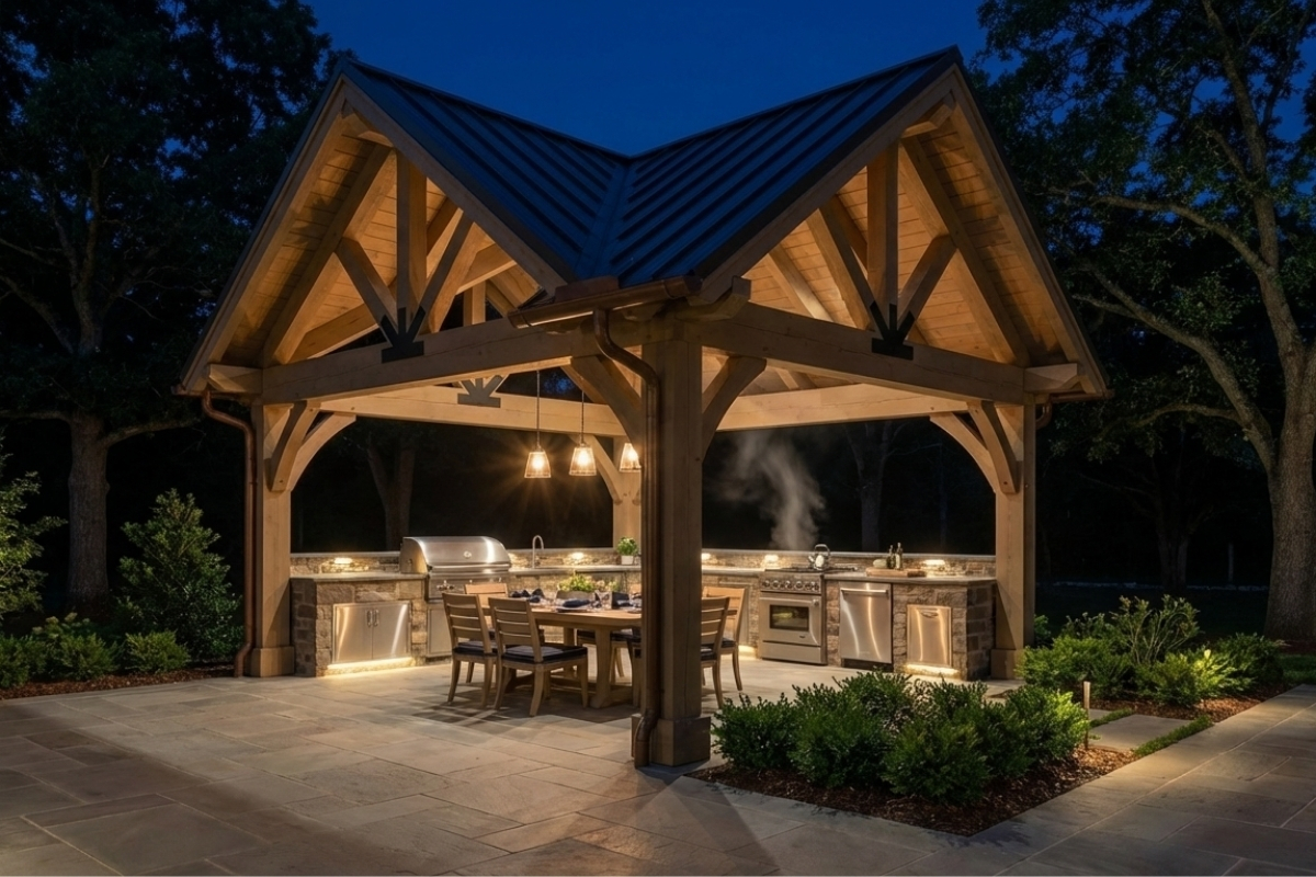 Bee Green Outdoor Living Pergolas and Pavilions Grand Timber Frame Pavilion with Metal Roof and Full Outdoor Kitchen at Night
