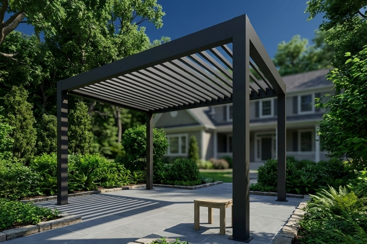 Outdoor Living & Hardscaping in Lakewood, Ohio 1 Bee Green Outdoor Living Pergolas and Pavilions Modern Aluminum Louvered Pergola on Residential Paver Patio with Lush Landscaping