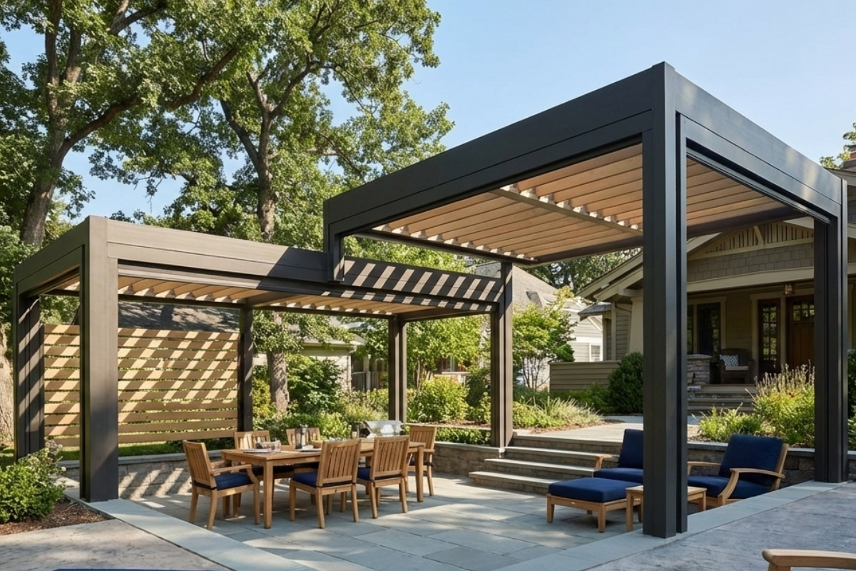 Bee Green Outdoor Living Pergolas and Pavilions Modern Bioclimatic Pergola with Privacy Lattice Screen and Dual Patio Entertainment Zones